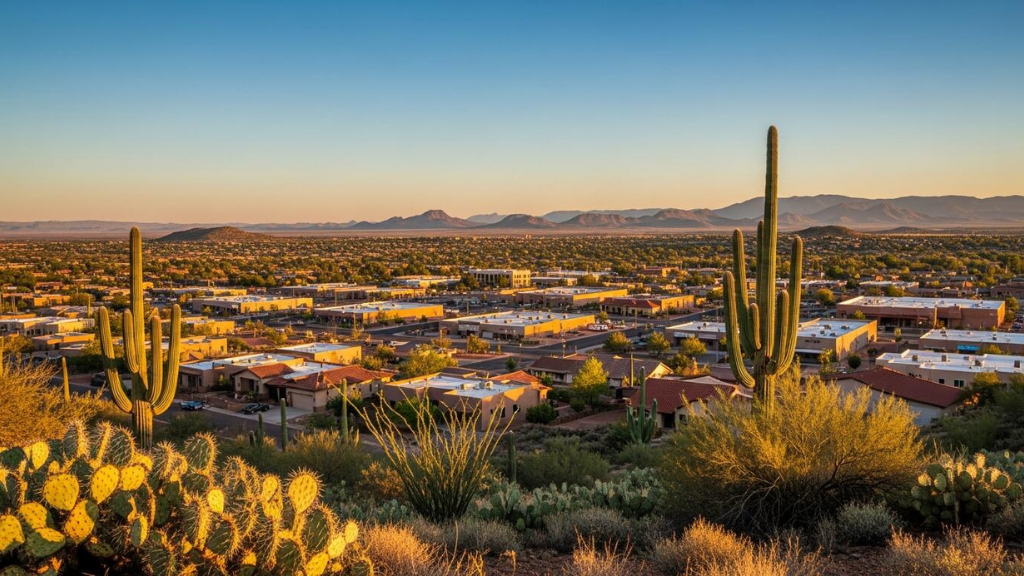 View of Linden, Arizona cityscape at sunset with tall saguaro cacti and desert plants in the foreground, and mountains in the distance under a clear blue sky.