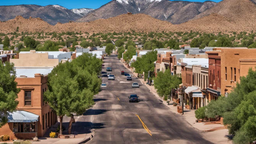 A wide street lined with trees and adobe-style buildings, set against a backdrop of desert hills and distant snow-capped mountains under a clear blue sky. Cars are parked along the street and driving down the road, in Snowflake, AZ.