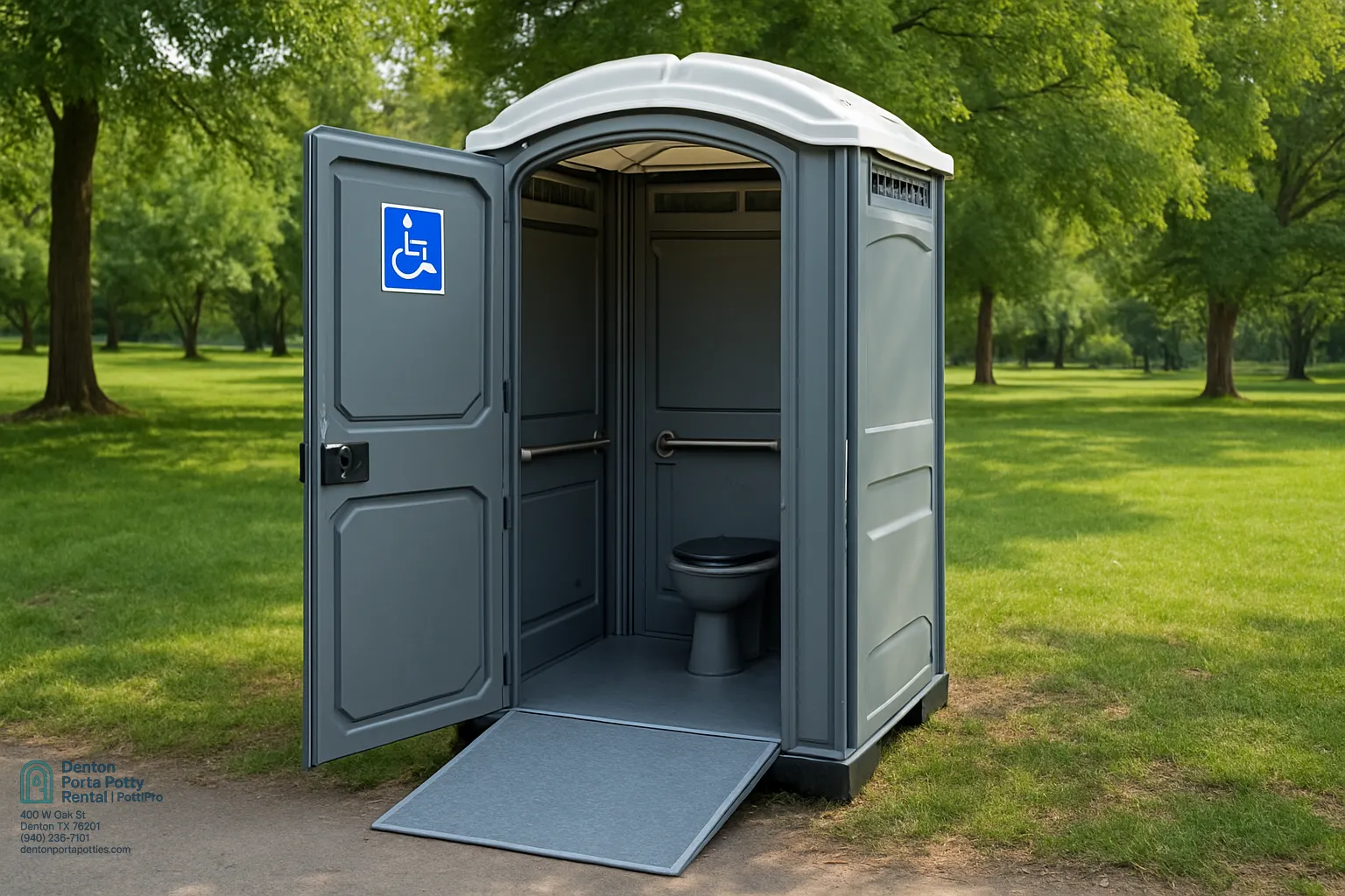 ADA accessible porta potty showing wider door, ramp access, and interior grab bars for construction site compliance