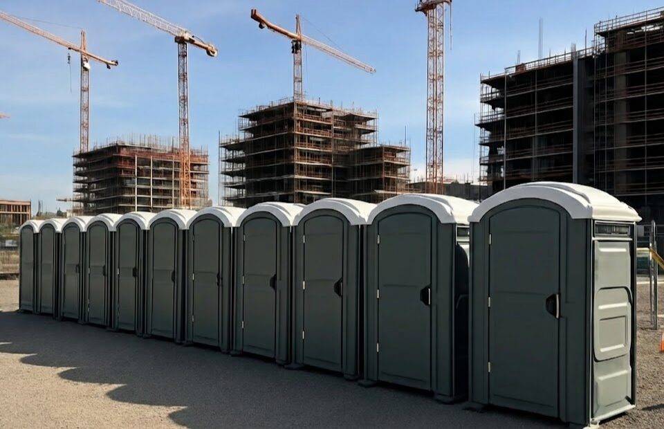 construction site showing proper porta potty placement near work zones with clear access paths