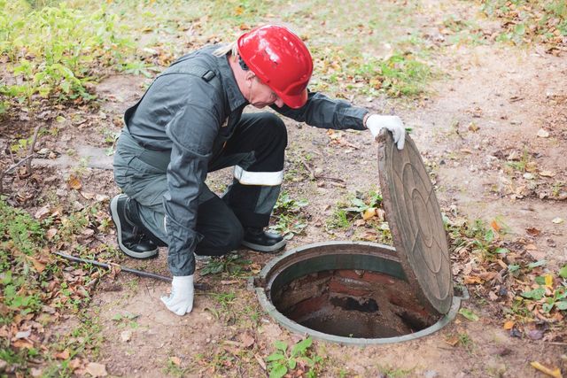 A licensed septic repair contractor inspecting a residential septic tank outdoors