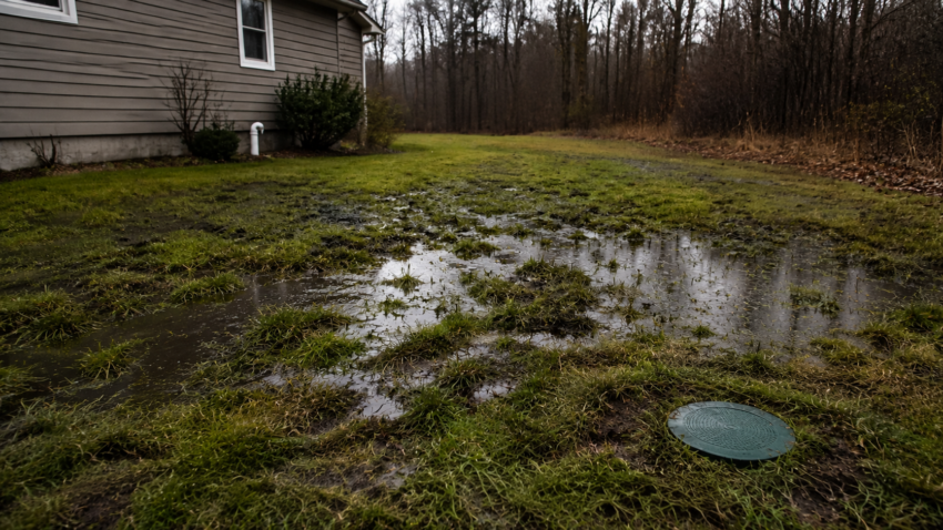 What Happens If You Skip Septic Pumping for Too Long? 5 Soggy grass and standing water near a septic drain field, signs of a septic system that has not been pumped in too long