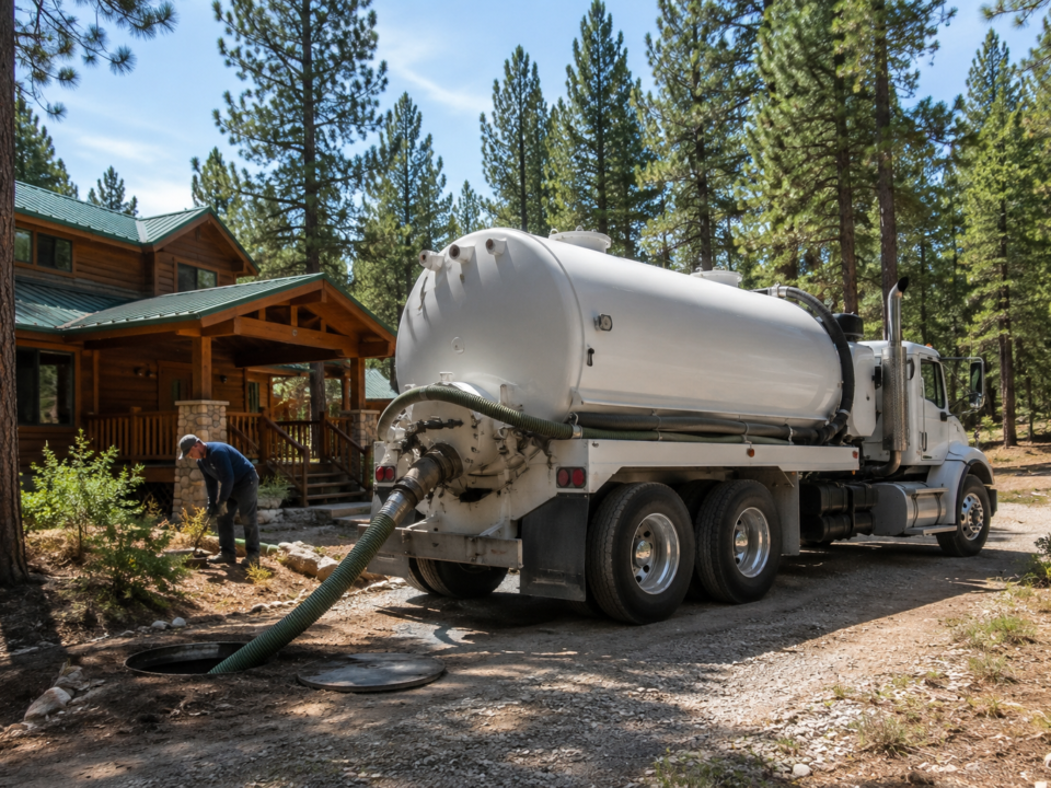Septic pumping truck servicing a residential property in the White Mountains area of Arizona